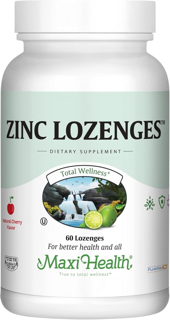 Maxi-Health Zinc Lozenges - Citrate de zinc 10mg - avec vitamine C - Saveur de cerise - 60 Chewables - Kosher