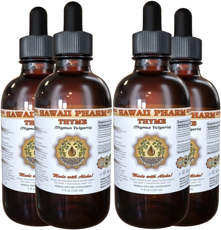 Timian Liquid Extract, Organic Timian (Thymus Vulgaris) Tinktur, Urtetilskud, Hawaii Pharm, Lavet i USA, 4x4 fl.oz