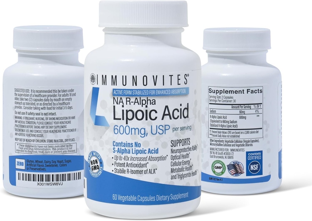 IMUNOVITES 3-Pack Stabilized R-Alpha Lipoic Acid (True)) 600mg per Serving [[High Potency up to 40x Increased Absorption] (Na R-ALA) (Na R-Lipoate) (3 Bottles)