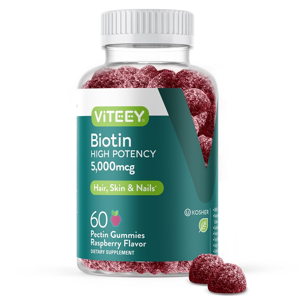 Viteey Biotin Gummies for Hair Skin and Nails - Biotin for Hair Growth Gummies - 5000 mcg - Vegan, Gluten-Free, Non-GMO – 60 Count