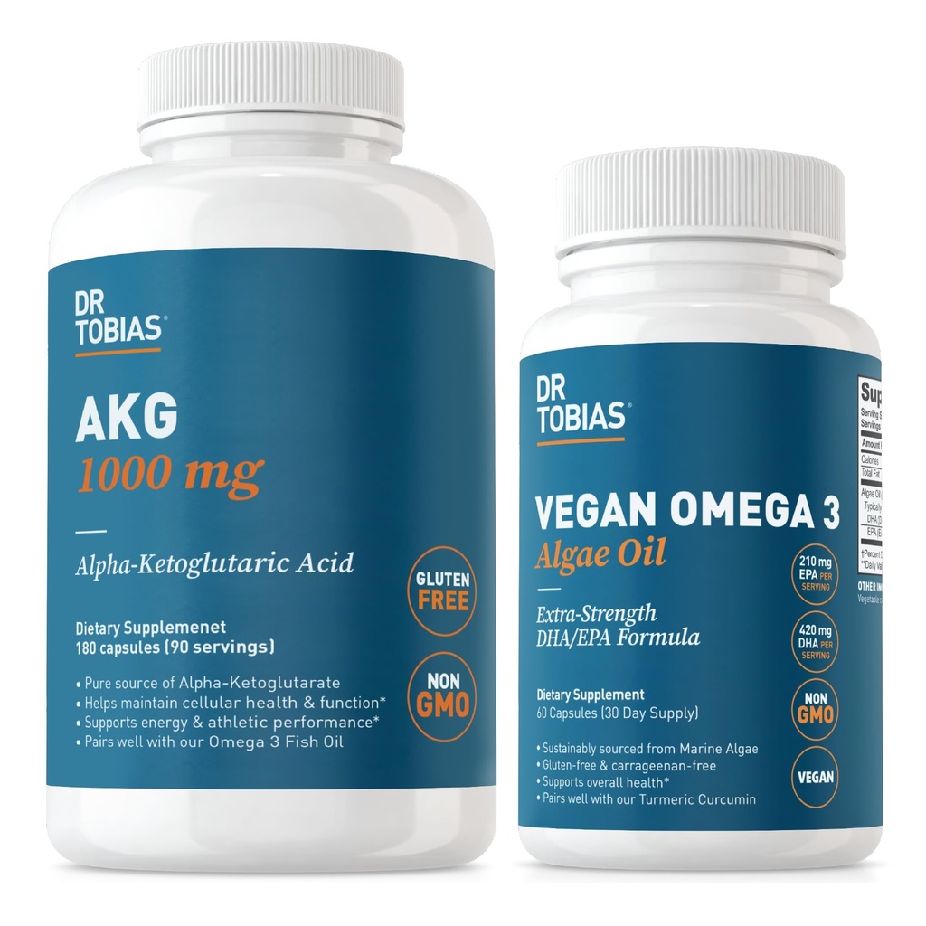 Dr. Tobias AKG Supplement & Vegan Omega 3 Algae Oil, Support Cellular Energy & Overall Health with AKG, EPA & DHA, Vegan, Gluten-Free, Non-GMO