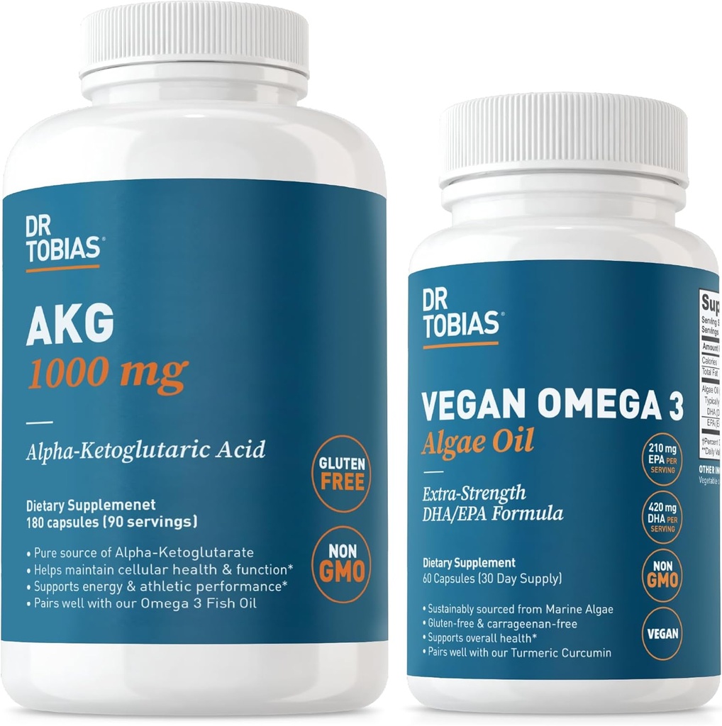 Dr. Tobias AKG Supplement & Vegansk Omega 3 Algae Olje, Støtte Cellulær energi og generell helse med AKG, EPA & DHA, Vegan, Glutenfri, Ikke-GMO
