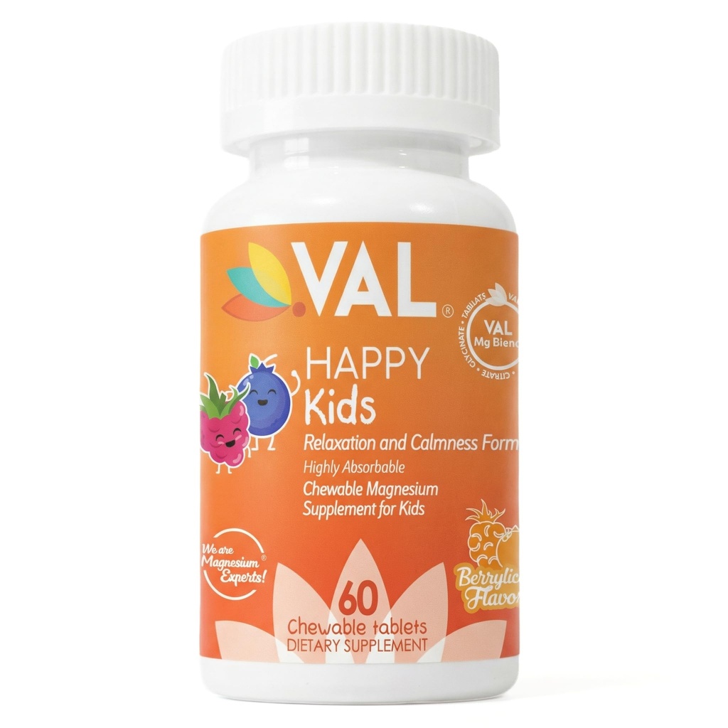 VAL Magnesium for Kids | High-Absorption Magnesium for Calm, Relaxation & Focus | Mg Glycinate, Citrate & Taurate | with Vitamin B6, D & C | Sugar-Free, Non-GMO | 60 Chewable Tablets