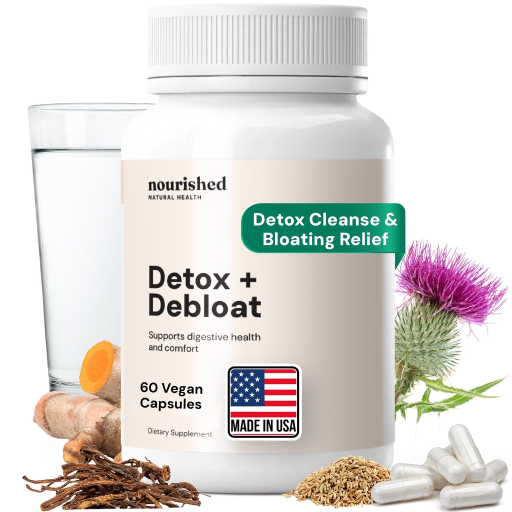 Nourished Natural Health Detox + Debloat - Detox Cleanse and Bloating Relief for Women - Liver and Digestive Support with Milk Thistle, Dandelion, Fennel & Turmeric | Vegan, Gluten-Free - 60 Capsules