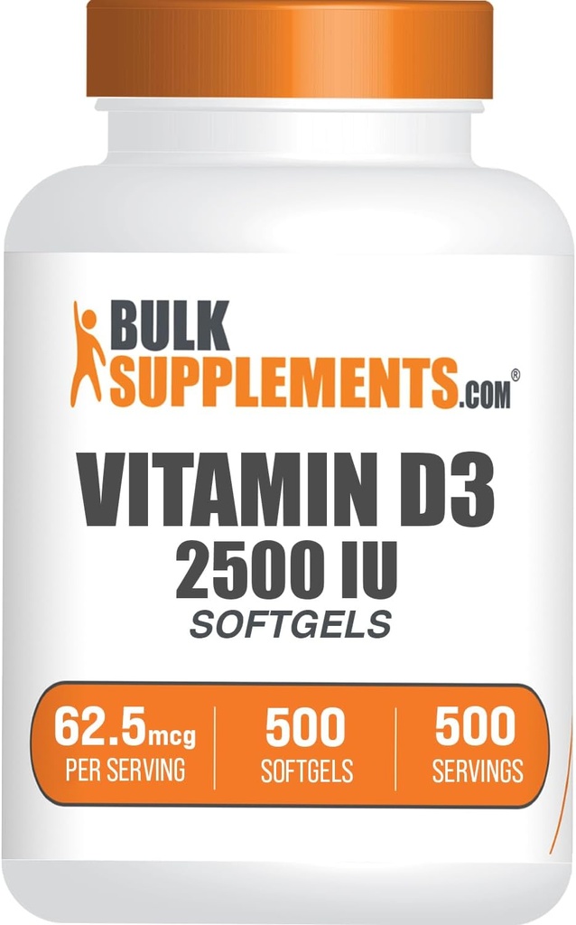 BulkSupplements.com Vitamina D3 2500IU Softgels - Cholecalciferol, D3 Supplemento, Vitamina D 2500 IU - 1 Vitamina D3 Softgel (62,5mcg di vitamina D) per porzione, 500 Conteggio (Pacchetto di 1)