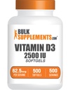BulkSupplements.com Vitamin D3 2500IU Softgels - Cholecalciferol, D3 Supplement, Vitamin D 2500 IU - 1 Vitamin D3 Softgel (62.5mcg of Vitamin D) per Serving, 500 Count (Pack of 1)