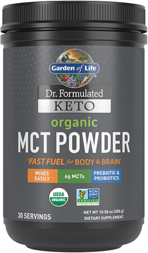 Elämän puutarha Dr. Formulated Keto Organic MCT Powder - 30 tarjoilua, 6g MCT Coconuts Plus Prebiotic Fiber & Probiootit, Certified Organic, Ei-GMO, Vegaani, Gluteeniton