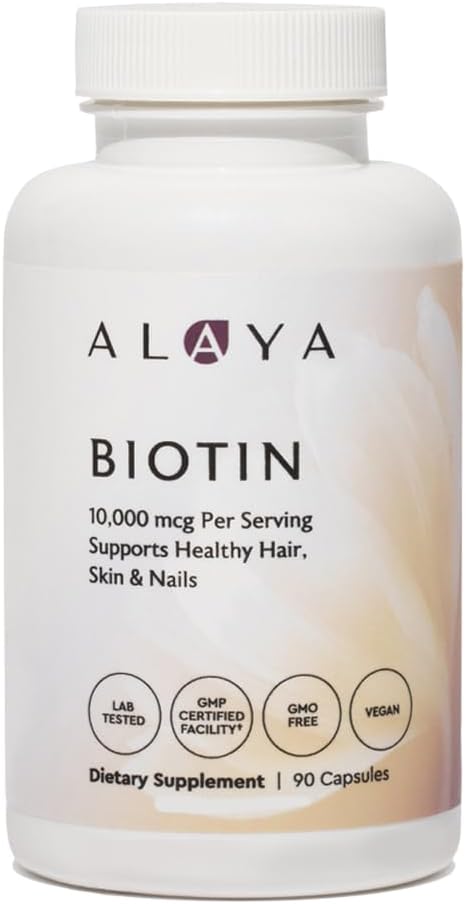 Alaya Naturals - Biotin 10,000mcg, 90 Capsules - Hỗ trợ tóc lành mạnh, da và móng tay