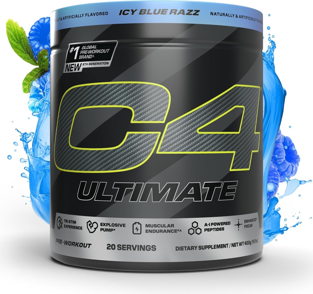 Cellucor C4 Ultimate Pre тренировка прах - Захар Безплатна подготовка Енергийна добавка за мъже и жени - 300mg Кофеин + TeaCrin + Dynamine + Creatine - ICY Blue Razz, 20 Сервиз