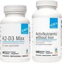 XYMOGEN ActivNutrienty Bez železa (240 kapsúl) + K2-D3 Max (60 kapsúl) - Multivitamín od Energia a podpora nálady s vitamínom D 5000 IU Kapsule + vitamín K2