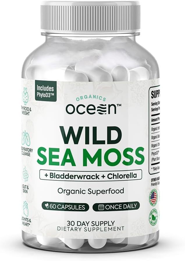 有机物 海洋野生海 Moss Capsules - 100% Irish Organization Sea Moss 含有机氯、Bladderwrack 和维生素D 用于能源、肺部健康和甲状腺对男女的支持 60 Capsules