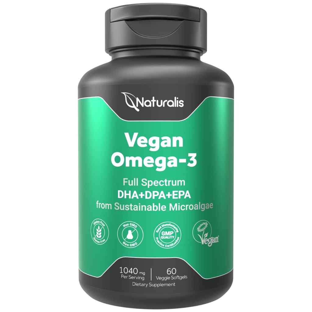 Naturalis Vegan Omega 3 DHA, EPA & DPA from Algae | Vegan Society Certified, Sustainably Sourced, True Full Spectrum | 60 Veggie Softgels (Carrageenan Free)