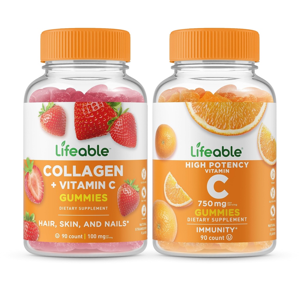 Lifeable Collagen & Vitamin C + Vitamin C 750mg, Gummies Bundle - Great Tasting, Vitamin Supplement, Gluten Free, GMO Free, Chewable Gummy