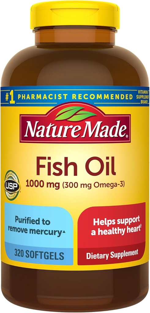 Suplemen Nature Made Oil Omega 3, 1000mg Softgels, Omega 3 Fish Oil for Heally Heart Suftgels, 320 Suftgels, 160 Day Supply