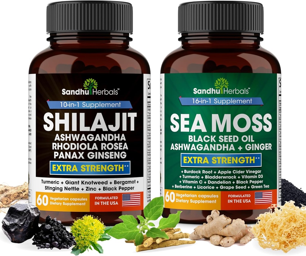 Shilajit Sea Mos Ashwagandha Combo Bundle - שחור Seed שמן, Turmeric, Rhodiola Rosea, Panax, Geneseng תוספי | 120 קפסולות, Better Than Gummies, Resin | Seamos עבור גברים ונשים