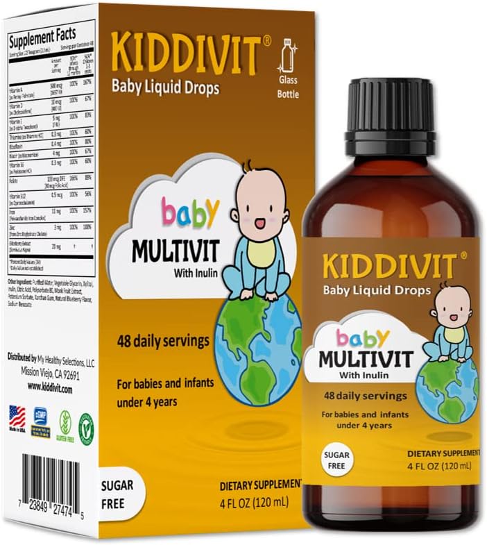 Kiddivit dieťa Multivitamínové kvapky Tekuté s Inulin - 48 Denné služby, 4 Fl Oz (120ml) - Sklenená fľaša - bez cukru, bez lepku, Vegetariánska priateľská