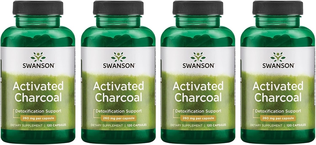 Swanson Activated Charcoal - Suplemento Natural Suportando Absorção Saudável - Ajuda w/Bloating & Mantendo Regularidade Bowel - (120 cápsulas, 520mg por serviço) 4 Pack