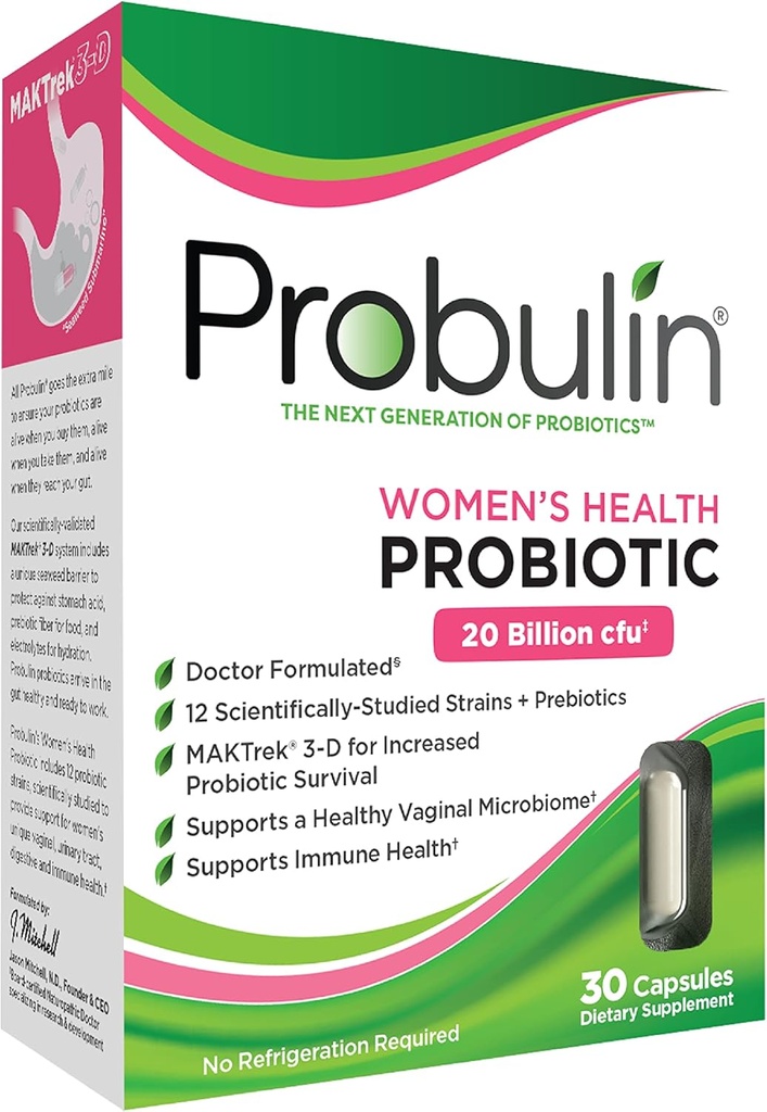 Probulin Women's Health Probiotic + Prebiotic for Vaginal, Gut & Immune Health - 20 מיליארד CFU - 12 Probiotic Strains, 30 קפסולות טבעוניות