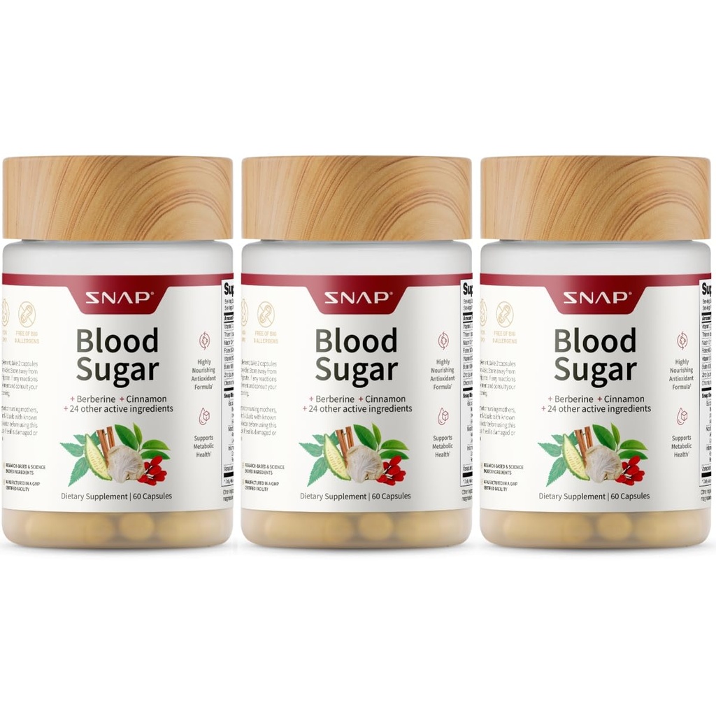 Snap Supplements Blood Sugar Blend with Berberine, CoQ10, Cinnamon, and Gymnema to Support Already Healthy Blood Sugar, Metabolic Health and Energy, Sugar Free, 60 Capsules 3-Pack (Packaging May Vary)