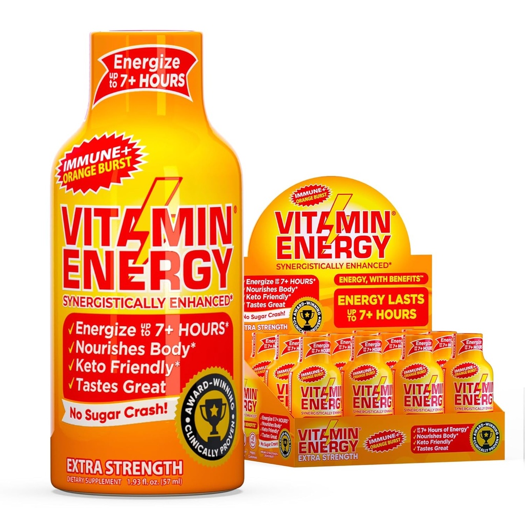 Vitamin Energy Immune+ Extra Strength Energy Shot – Orange Burst – 100% DV B-Vitamine & 260mg Koffein – Zero Calories, Sugar-Free, Vegan, – Immunität & Energy Support – 1.93 fl oz, 12-Pack