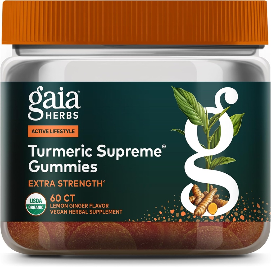 Gaia maitsetaimed Turmeric Supreme Extra Strength Gummies - toetab turse leevendust, et aidata säilitada aktiivset elustiili - Sidrun Ingveri maitse - 60 Vegan Organic Gummies (20-päevane pakkumine)