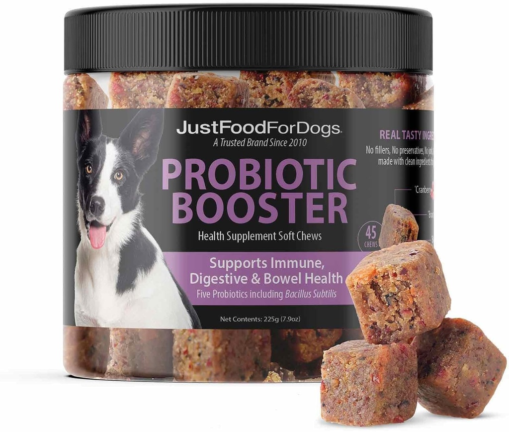 JustFoodForDogs Probiotic Booster Gut Health Soft Chews Supplement for Psy, Tráviaca zdravotná podpora, hnačka, Human Grade Ingredients - 45 Počet