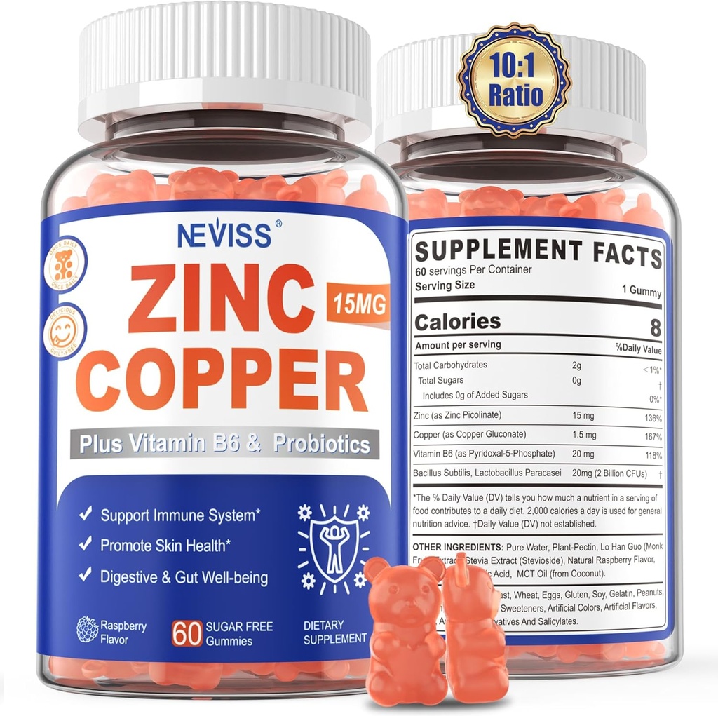Zinc Gummies with Copper + Probiotics, Vitamin B6 for Max Absorption, Zinc supplements for Men and Women, Two Essential Minerals Balance Formula for Immunity and Gut Health, Vegan, Non-GMO, 120 Cts