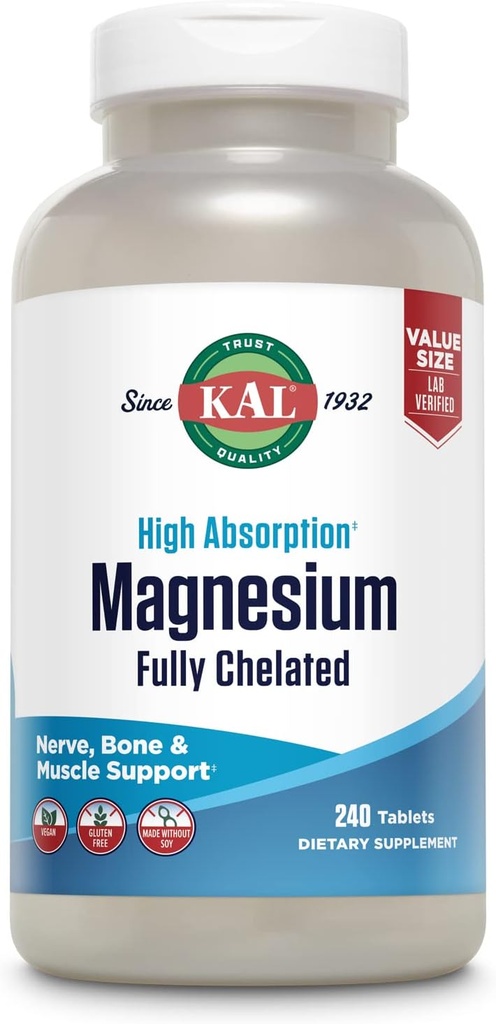 KAL Magnesium Glysitane tables, Chelated เต็ม, High Absorction Magnesium Bisgliet chate for Nerve, Bobsy & Barbon Health, Gluten Free, Time, Tables, 240