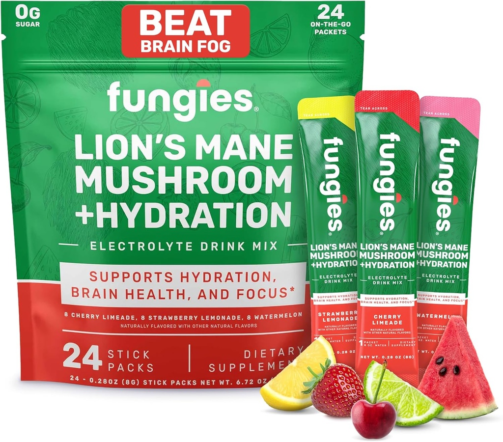 Fungies Electrolyte Drink Mix with Lion's Mane Sēnes un essential Electrolytes, 24 Variety Pack - bezcukura hidrācijas Papildlīdzeklis Pulveris pieaugušajiem smadzeņu veselību un fokusu - Sēņu Papildinājums