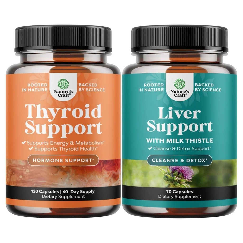 Bundle of Herbal Thyroid Support Complex - Potent Kelp Iodine for Hormone Balance and Liver Cleanse Detox & Repair - Milk Thistle for Digestion & Immune Health - Ginger Root Choline Dandelion Root