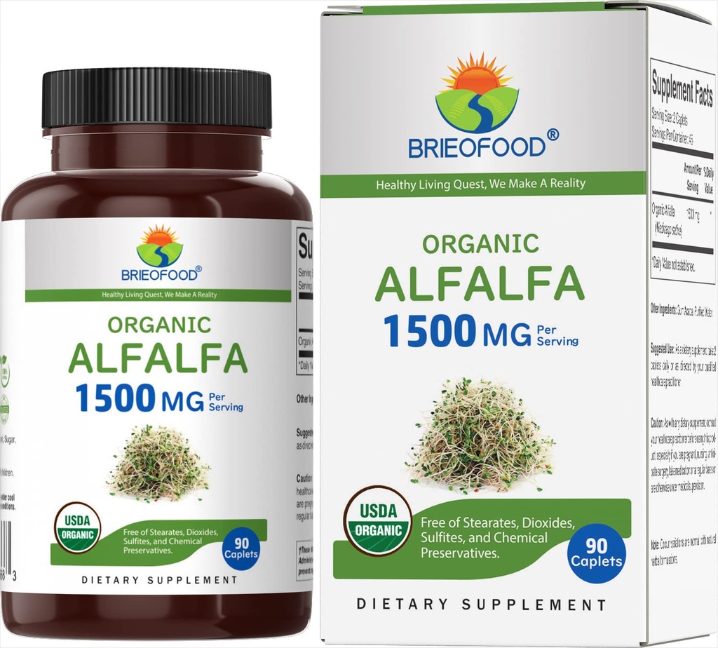 Brieofood Organic Alfalfa 1500mg, 45 Servings, Vegetarian, Gluten Free, 90 Vegetarian Tablets