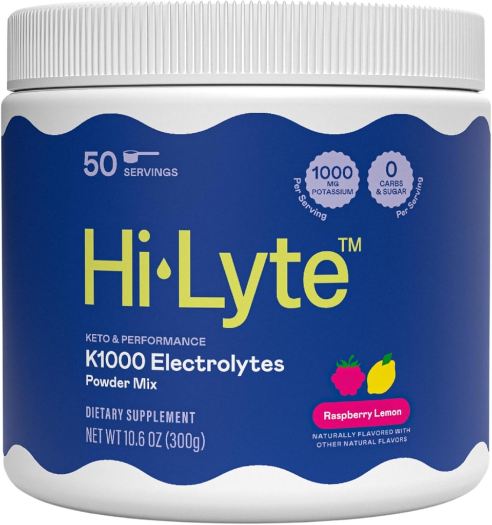 Hi-Lyte Keto K1000 Electrolyte Powder | Raspberry Lemon | Hydration Supplement Drink Mix | Boost Energy & Beat Leg Cramps | No Sugar, No Maltodextrin | 50 Servizos