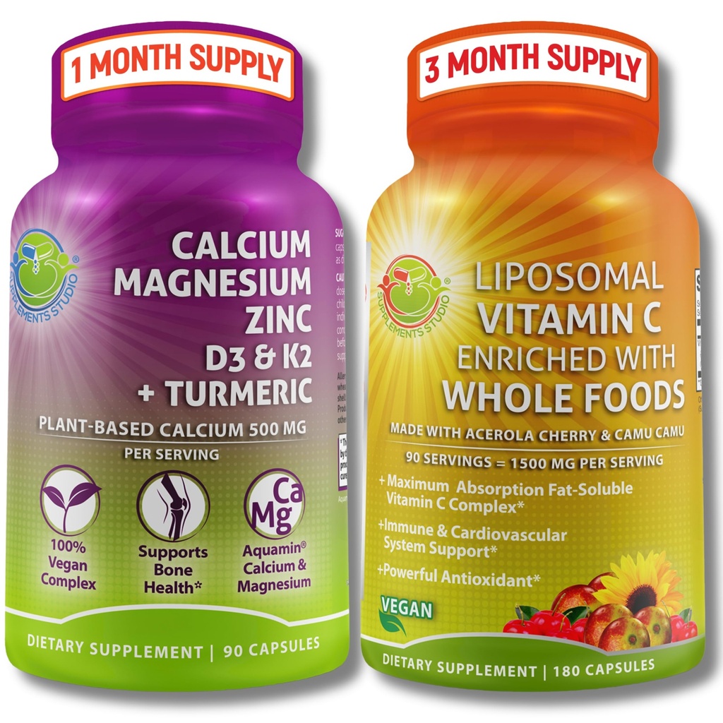 Plant-Based Bone & Immune Support Supplement Bundle – Liposomal Vitamin C 1500mg with Organic Acerola & Camu Camu + Calcium Magnesium Zinc with Vitamin D3, K2 & Turmeric – Vegan, Non-GMO