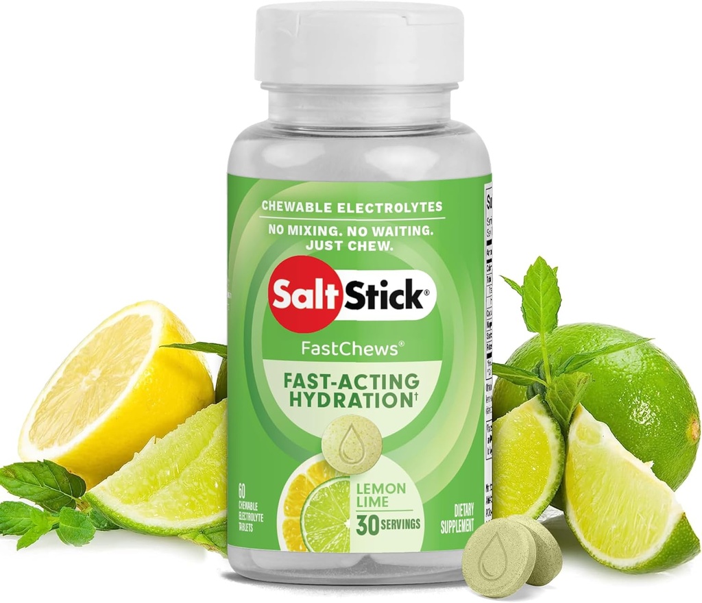 SaltStick Electrolyte FastChews - 60 Count Lemon Lime Flavor - Дъвчащи Електролитни таблетки за Хидратация, Солни таблетки, Обезводняване