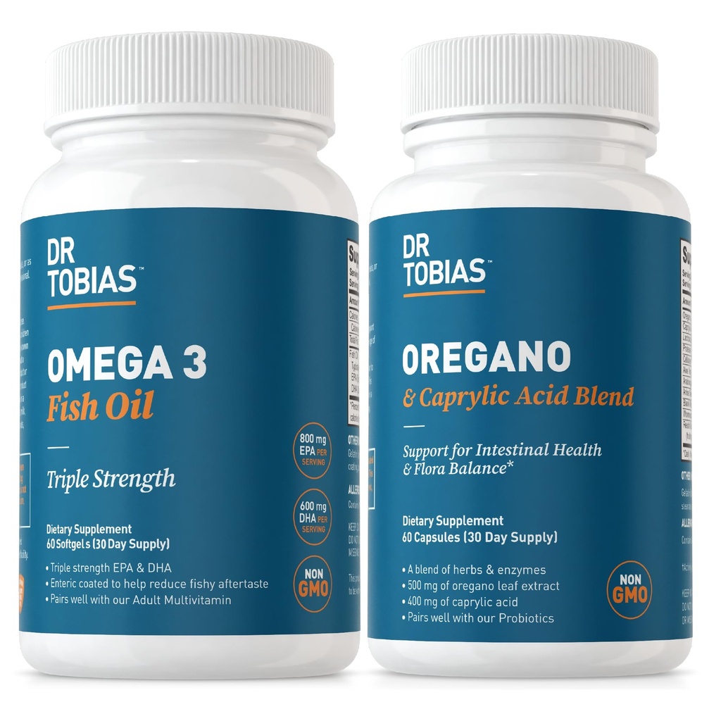 Dr. Tobias Omega 3 Fish Oil and Oregano & Caprylic Acid Supplements, Supports Heart, Brain, Immune with Gut Flora Balance Complex & Intestinal Health for Women & Men