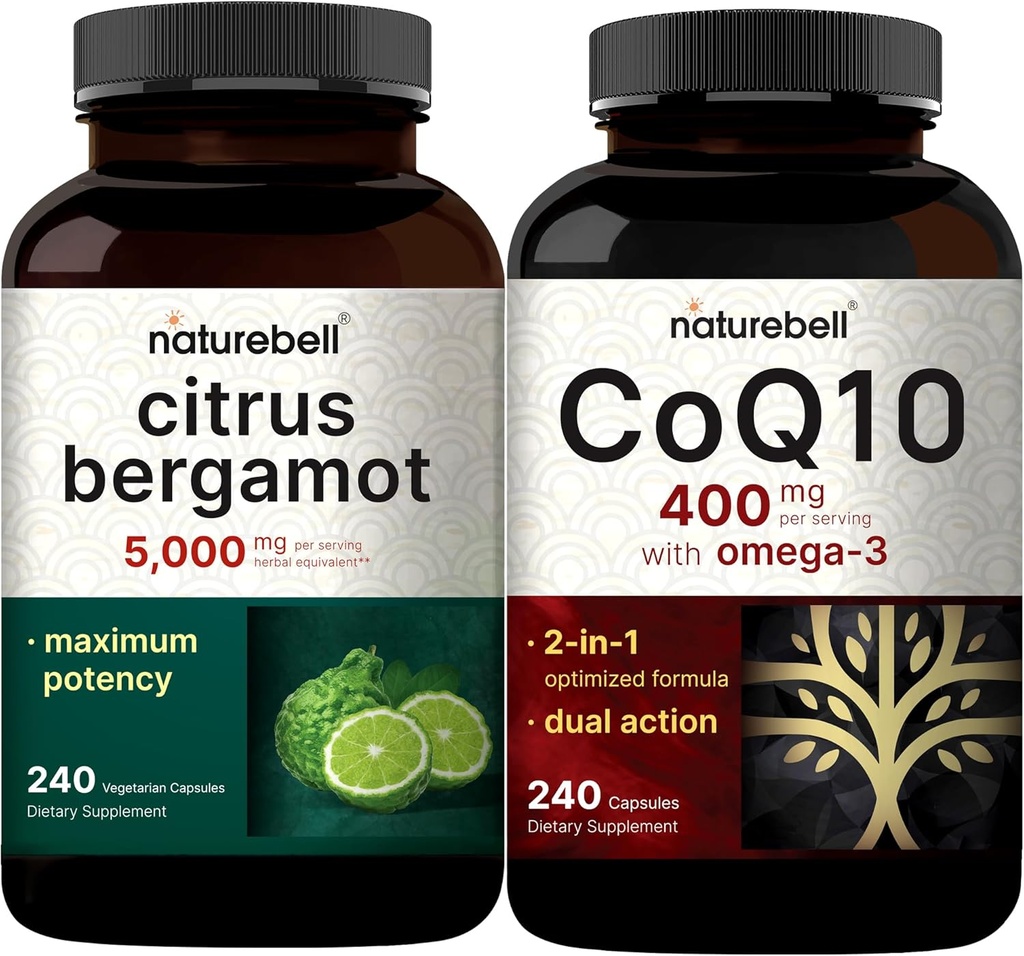 NatureBell CoQ10 400mg Capsules with Omega 3 Fatty Acids & Citrus Bergamot Veggie Capsules 5,000 mg Equivalent Bundle Pack | Stable High Absorption Form | High Antioxidant Level