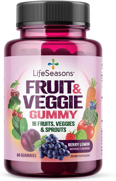 LifeSeasons Fruit & Veggie Gummy Supplement - 16 Hedelmät Vihannekset & Siemenet - Vitamiinit Minerals & Antioxidants - Ravitsemustuki Immuniteetti & hyvinvointi - 3X Lisää Potent - 60 Gummies