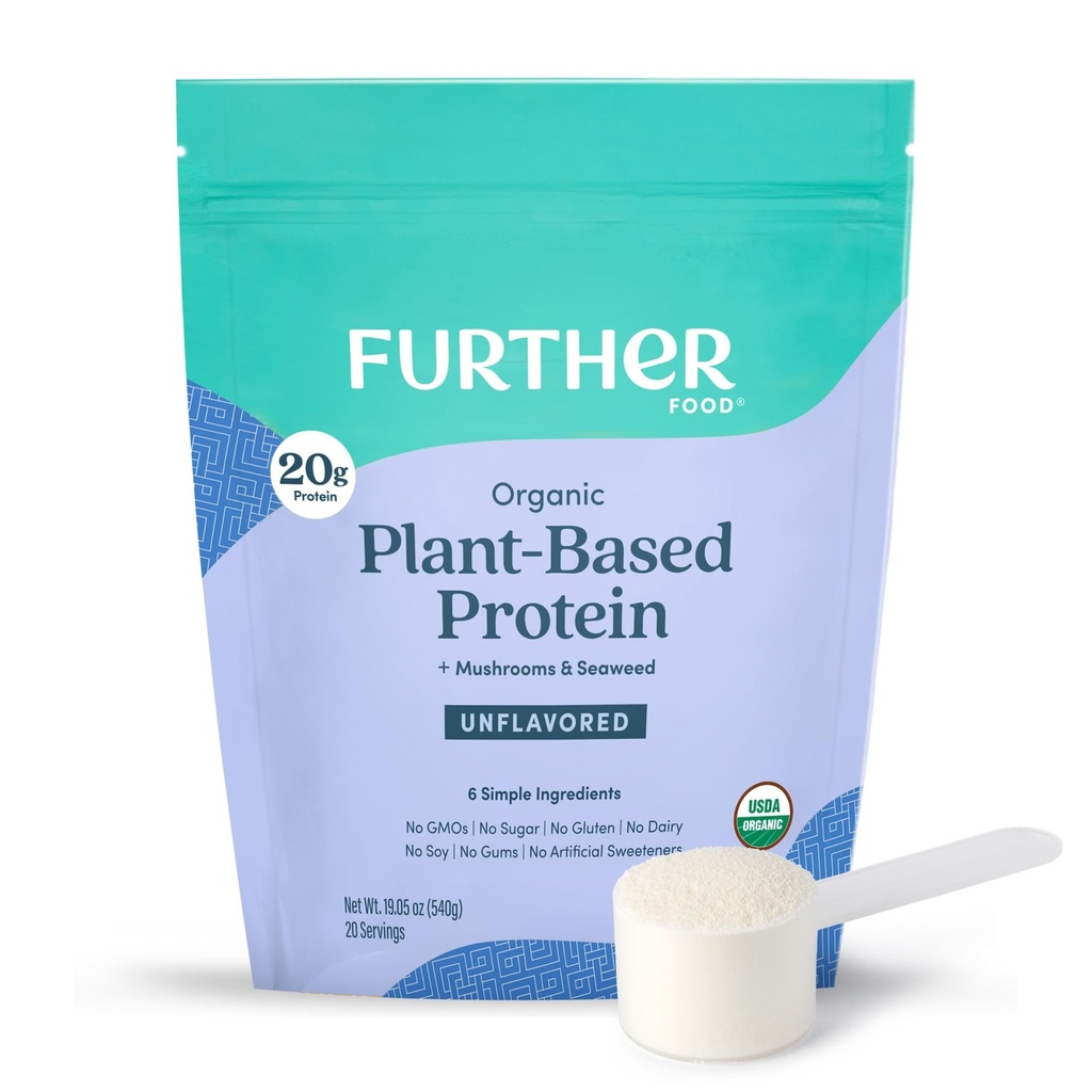 Further Food Organic Vegan Protein Powder Unflavored – 20g Pea Protein with Mushrooms & Seaweed, Non-GMO, Gluten Free, Sugar Free, 20.46 Oz