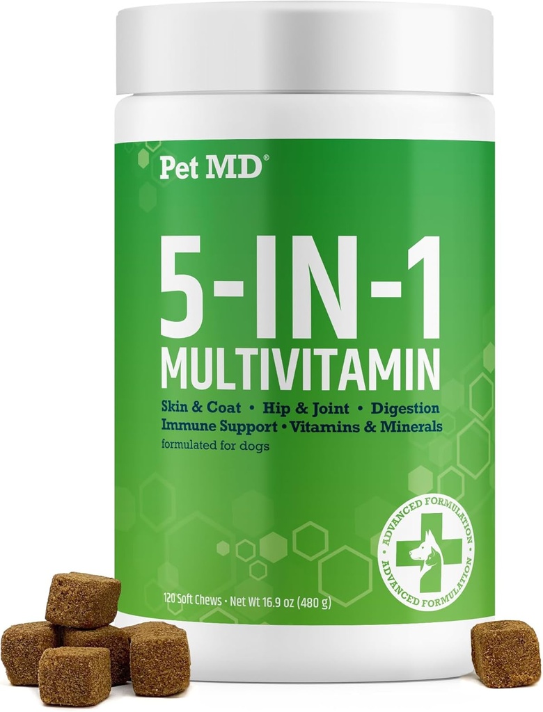 Pet MD 5in1 pes Multivitamín - 30 Esenciálne vitamíny, minerály a živiny pre kožu a kožu, Hip & Joint, Trvanlivosť, imunitné a staršie psy Vitamíny - glukozamín, Omega 3 6 9, & Probiotiká - 120 ct