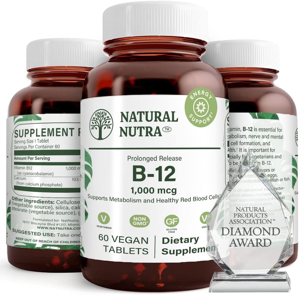 Naturalna Nutra Witamina B12 1000 µg, Suplement Cobalaminy B 12, Fosforan wapnia, Pomoc w Metabolizm zdrowia, Wspomaga układ nerwowy, Optymalne wchłanianie, Bez glutenu, Bez cukru, 60 Wegańskie tabletki