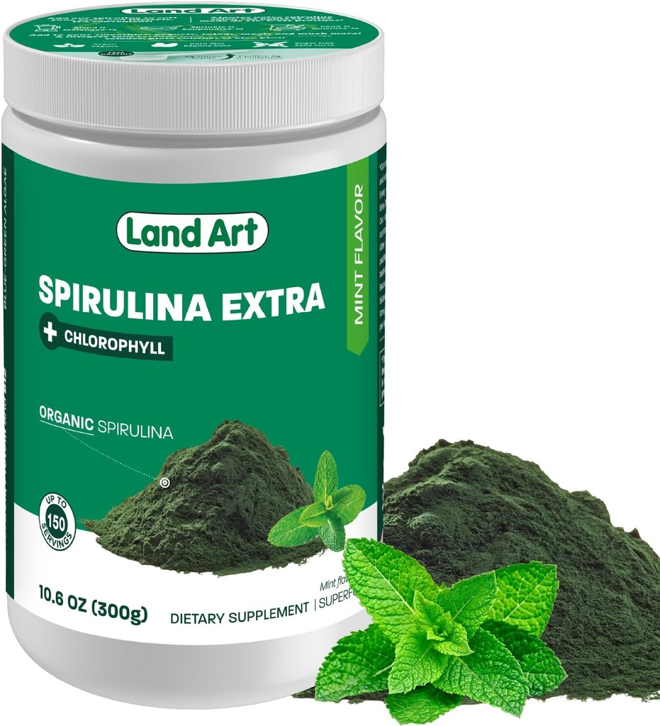 Organiskais Spirulina Extra Powder - Aromatizēts ar piparmētru - 100% Pure - 75 Servējumi - Superfood - Laba garša un laba smarža - 10% Bioaktīvs hlorofils - Spēcīgs antioksidantu avots