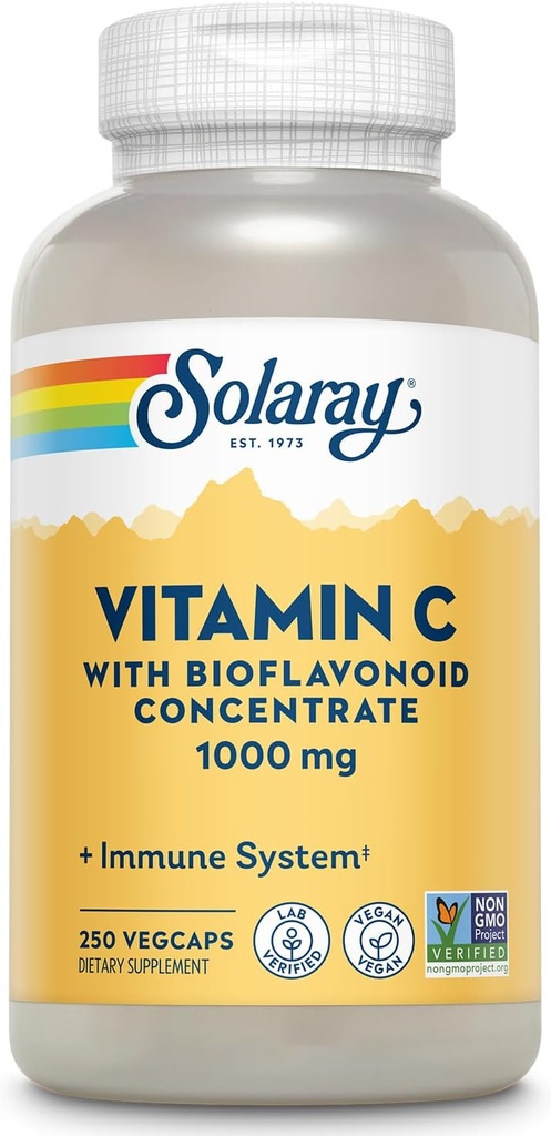 SOLARAY Vitamin C 1000mg s Bioflavonoidy Koncentrát - Vitamin C Kapsle s Rose HIPS a Acerola Cherry - Antioxidant, srdeční zdraví a imunitní podpora Dodatek, Vegan, Non- GMO, 250 Služební