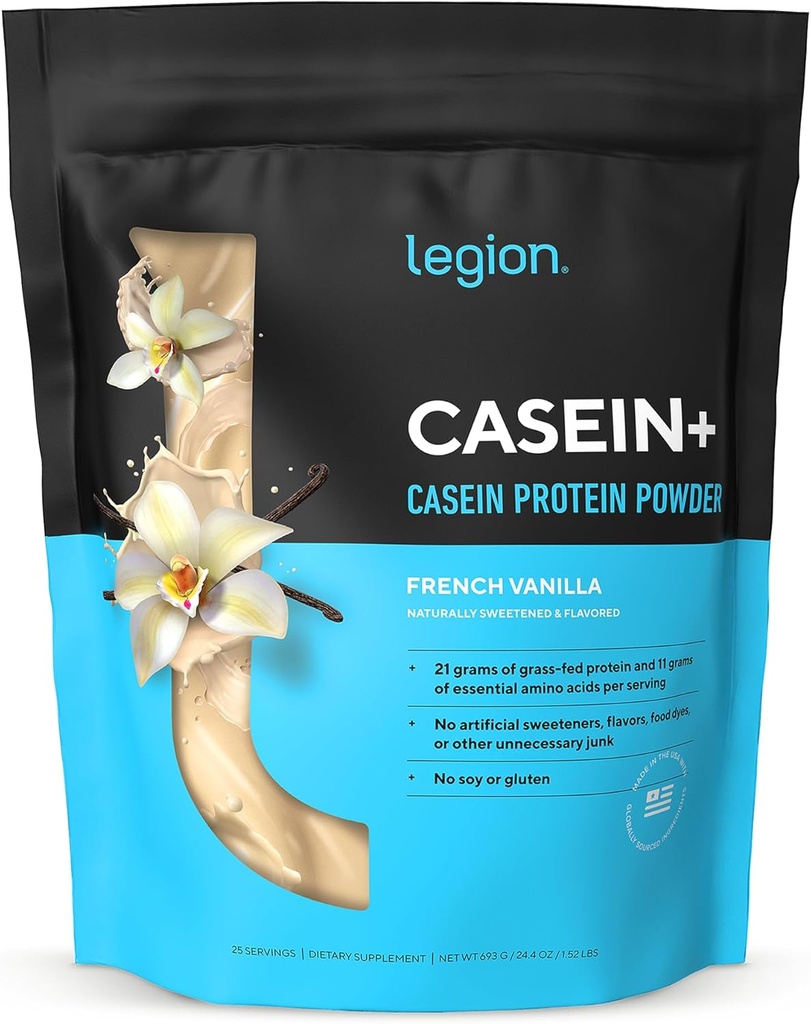 LEGION Casein Protein Powder (French Vanilla) - Slow-Release Micellar Casein Protein Powder - Non-GMO, Gluten-Free eta Natural Sweetened Powder belar-behietatik (25 zerbitzatu)