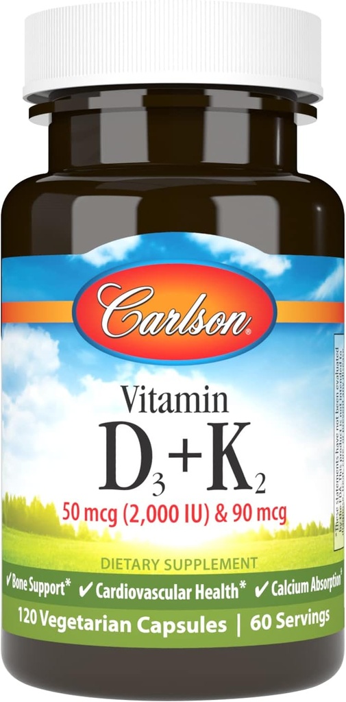 Karlson - vitamín D3 + K2, 50 μg (2000 IU) Vitamín D3 & 90 μg Vitamín K2 ako MK7, podpora kostí, absorpcia vápnika, 120 kapsúl