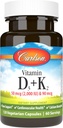 Carlson - Vitamiin D3 + K2, 50 mcg (2000 RÜ) Vitamiin D3 & 90 mcg Vitamiin K2 kui MK7, Luude tugi, kaltsiumi imendumine, 120 kapslit