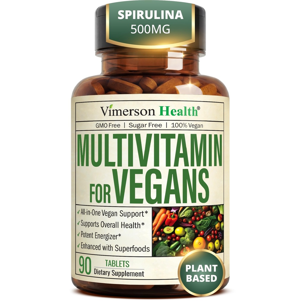 Vimerson Health Vegan Multivitamin for Women and Men: Vitamins, Chelated Minerals and Bioavailable D3 for Focus and Energy Support – Daily Womens and Mens Multivitamins & Multiminerals – 90 Tablets