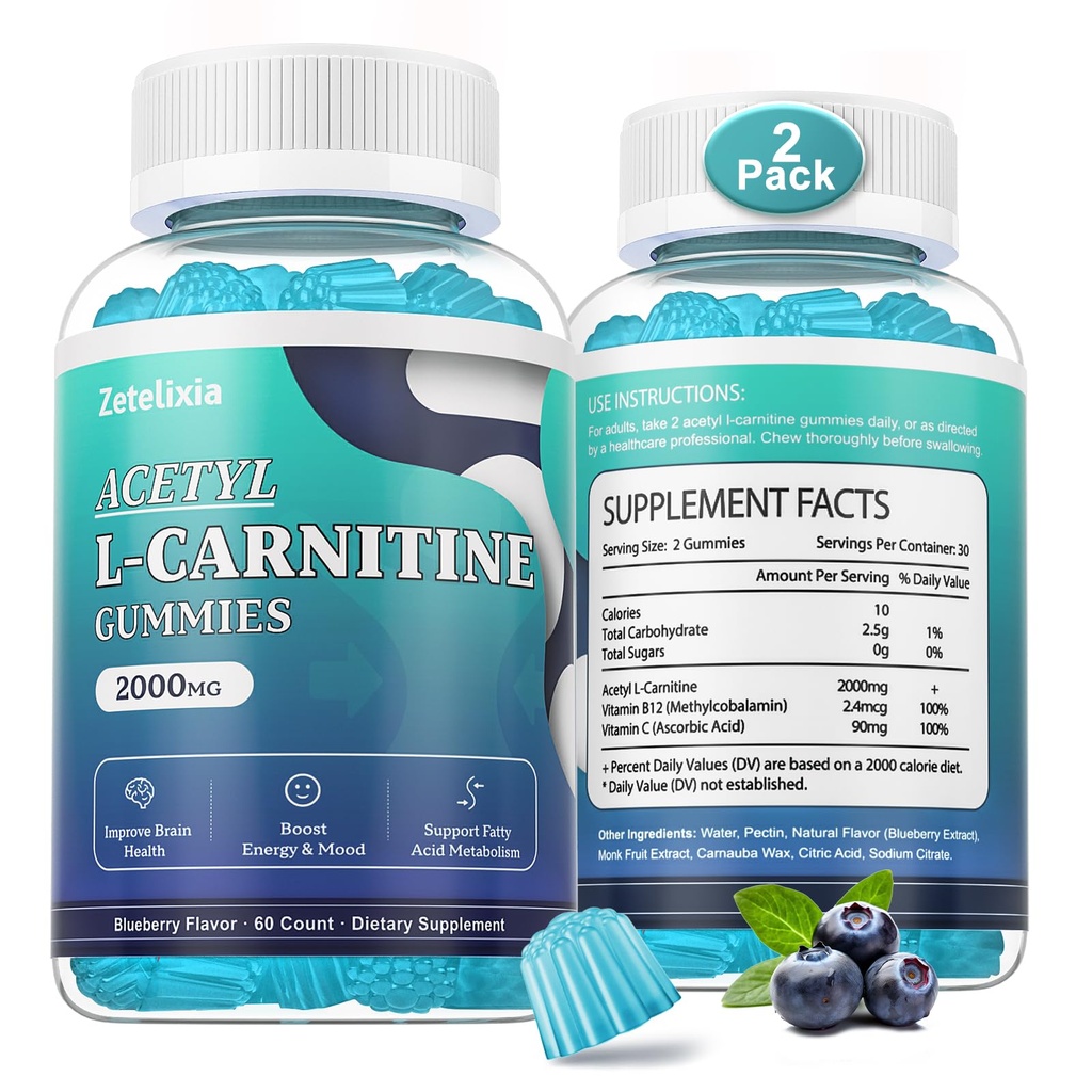 2 Pack Sugar Free Acetyl L-Carnitine Gummies, L-Carnitine Supplement for Women & Men, with Vitamin C & B12, ALCAR for Energy, Brain & Heart Health Support, Vegan, Non-GMO, 120 Count