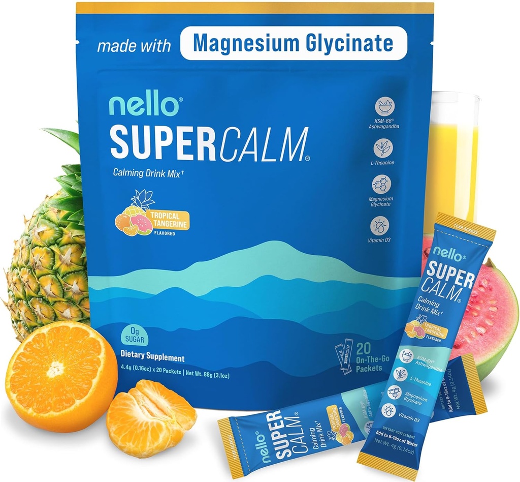 Nello Supercalm Powdered Drink Mix, Tropical Tangerine, L Theanine, Ksm-66 Ashwagandha, Magnézium Glycinate, Vitamín D 3, Doplnky pre relaxáciu a zaostrenie, Prírodné, Bez cukru, Non GMO, 20 Srvg