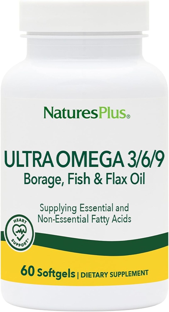 Natures Plus Ultra Omega 3 6 9-1200 mg, 60 Softgels - Boražno olje, ribje olje, Lanovo olje dodatek, Gluten-free - 60 Serving