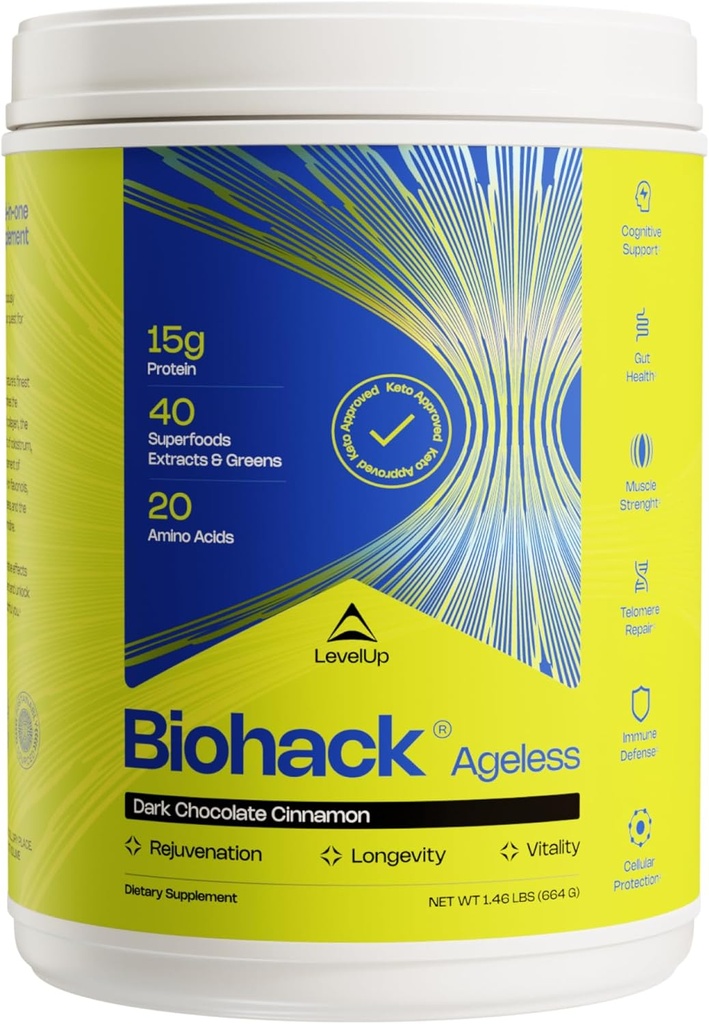 LevelUp Biohack Ageless: Colostrum Collagen Superfoods Αντιοξειδωτικά Spermidine Amino Acids Creatine for Women and Men, Total Body Rejuvenation (Σκοτεινή Κανέλα σοκολάτας)